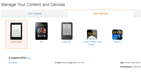 Image of the amazon Manage Your Content and Devices page showing the location of a device's serial number in the Your Devices section